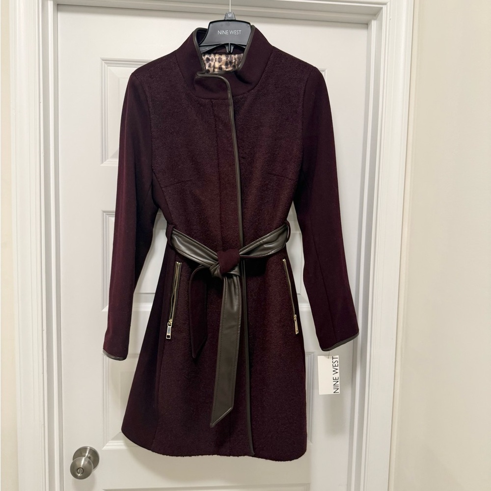 Nine West Women's Burgundy Wool Blend Coat with Belt NWT Size M